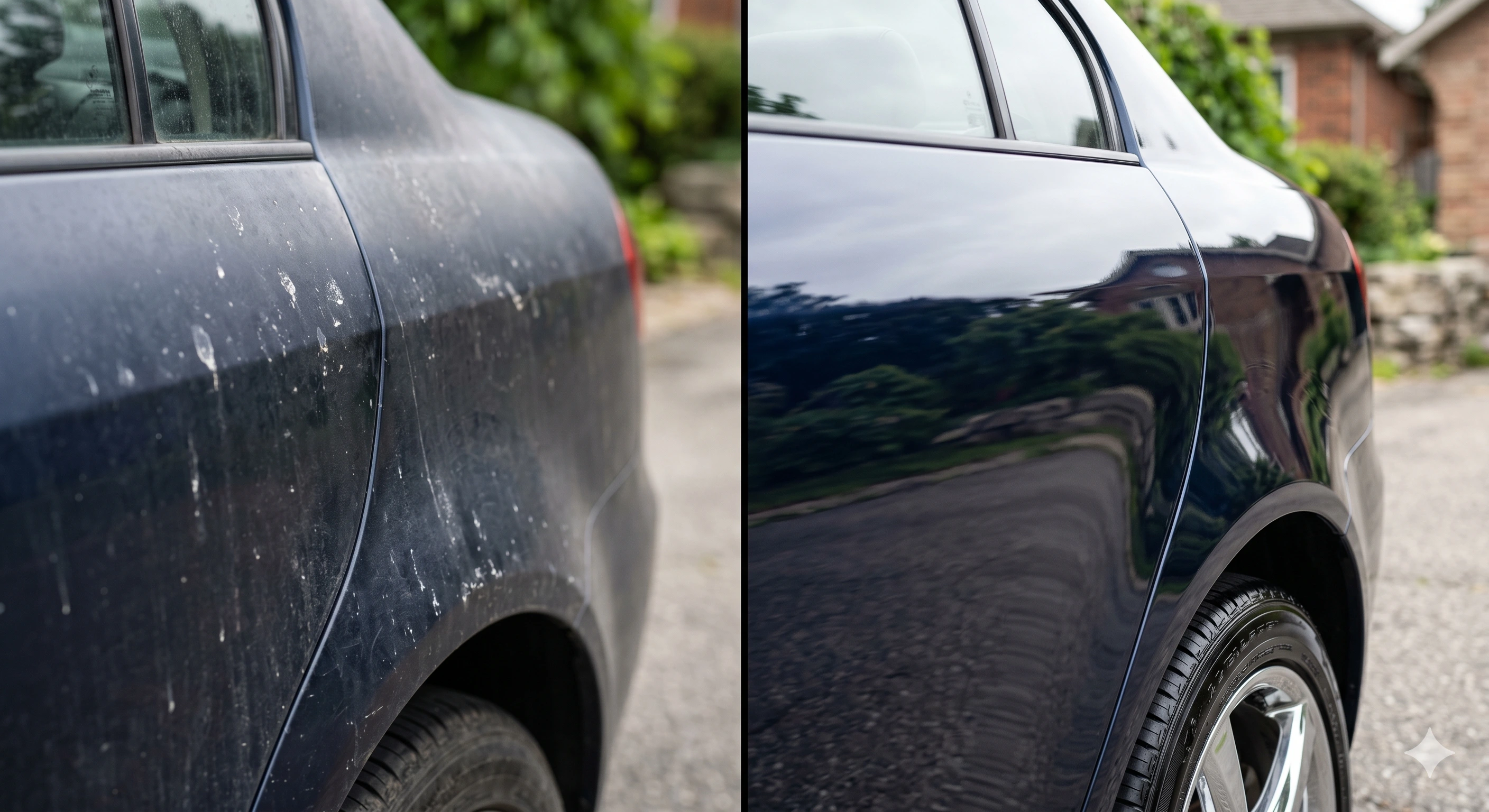 Split-frame of a car panel before and after detailing — dull oxidized paint on the left, deep gloss finish on the right