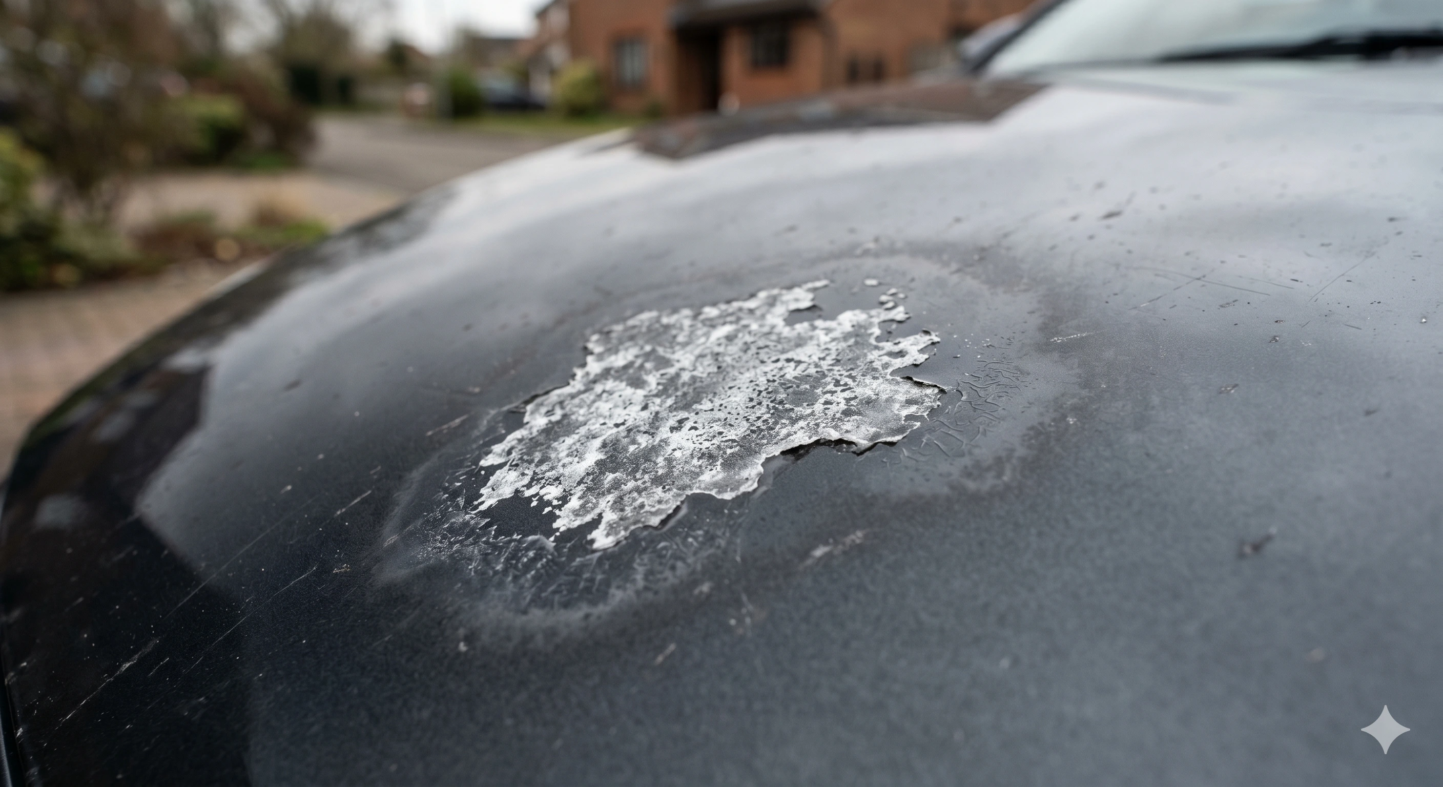 Fresh bird dropping on a dark car hood showing white uric acid deposit and early paint etching