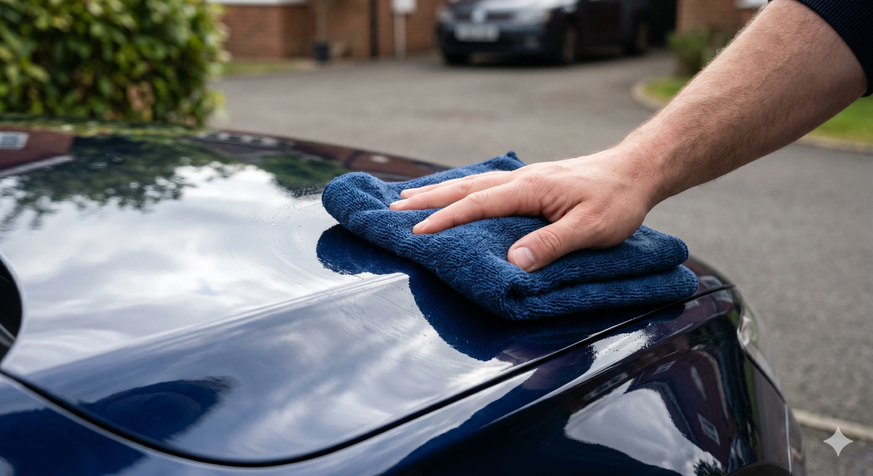 Hand buffing quick detailer spray on a car panel with a microfiber cloth, showing the glossy reflection on the paint