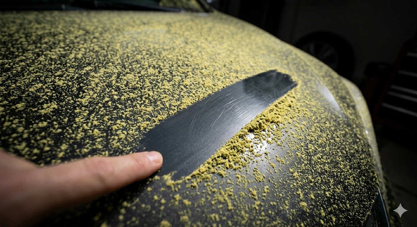 Car hood coated in yellow-green pollen dust with a finger swipe revealing clean paint beneath