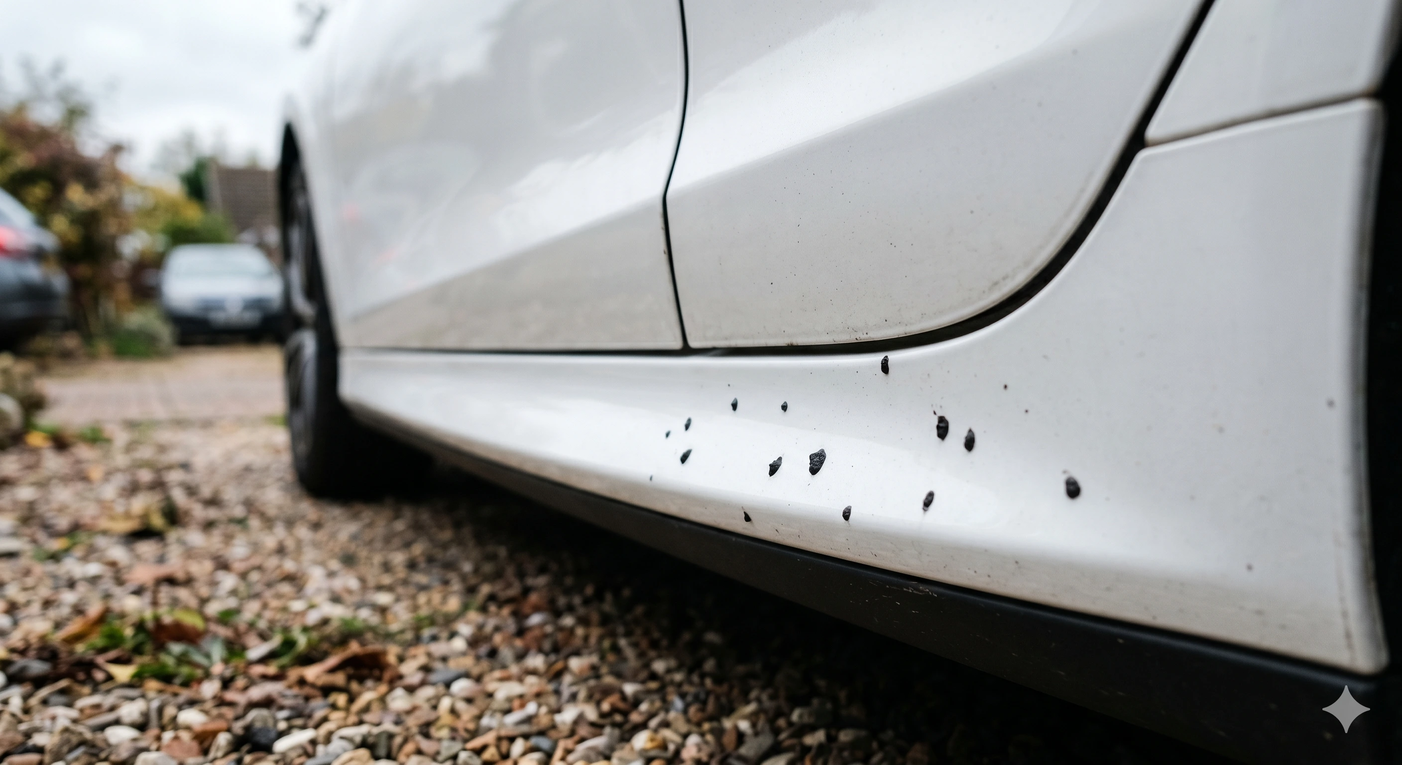Black road tar specks on a white car rocker panel showing the raised texture of tar above the paint surface