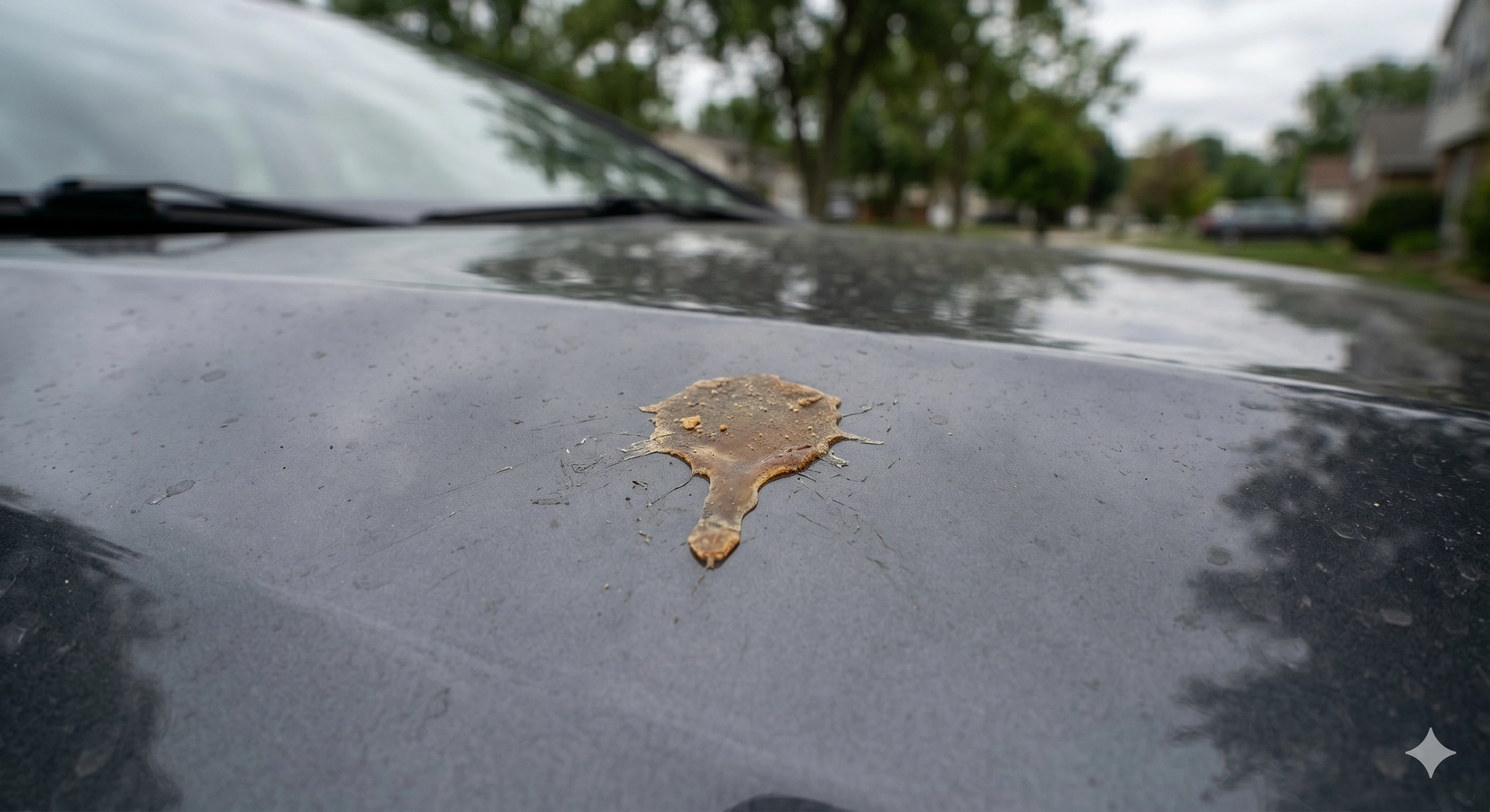 Hardened amber tree sap drip on a car hood with microfiber cloth and isopropyl alcohol in the background